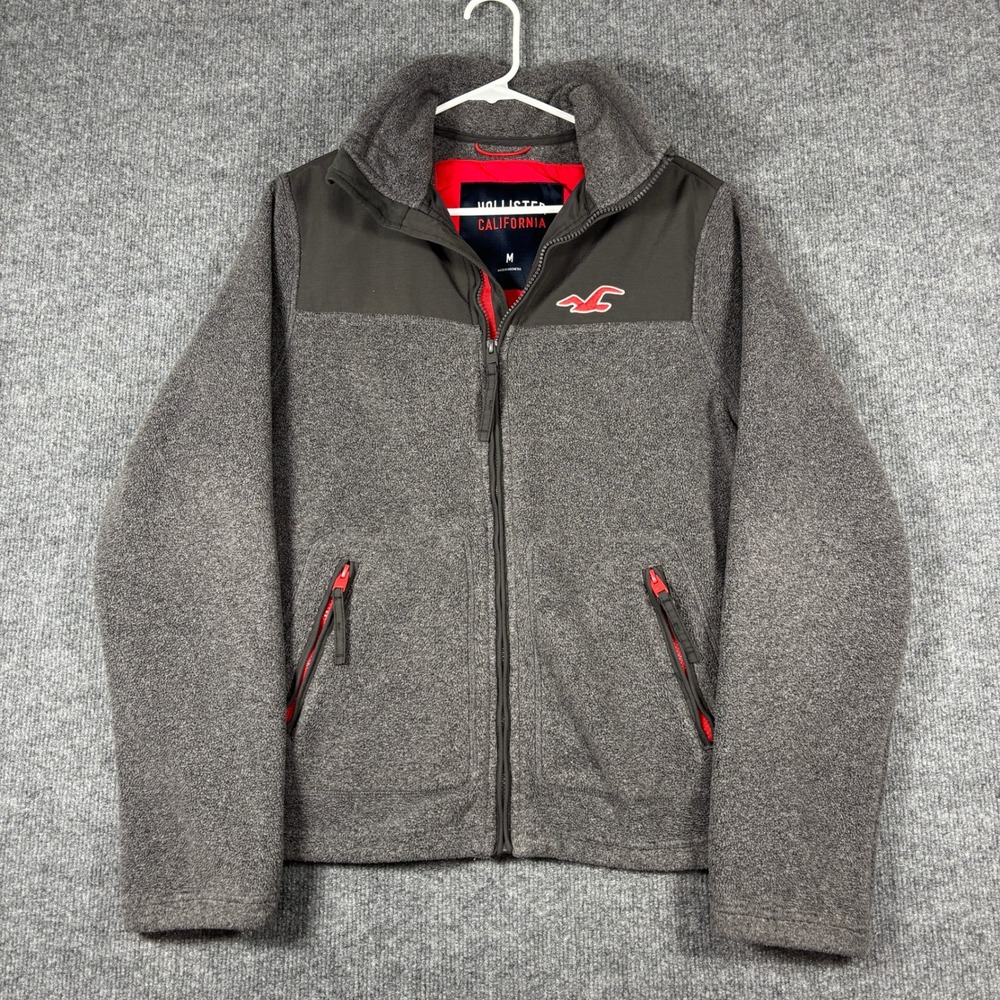 Hollister Fleece Jacket Mens M Gray Full Zip Stand Collar Zippered Pockets